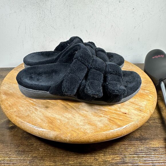Vionic Snooze Terry Cloth Women's Size 7 Black Fashion Shoes Slip on Slides‎ - Picture 1 of 8